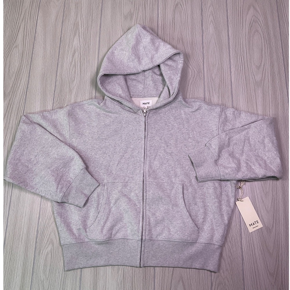MATE the Label Organic Fleece Zip Hoodie Heather Grey Womens Large New With Tags